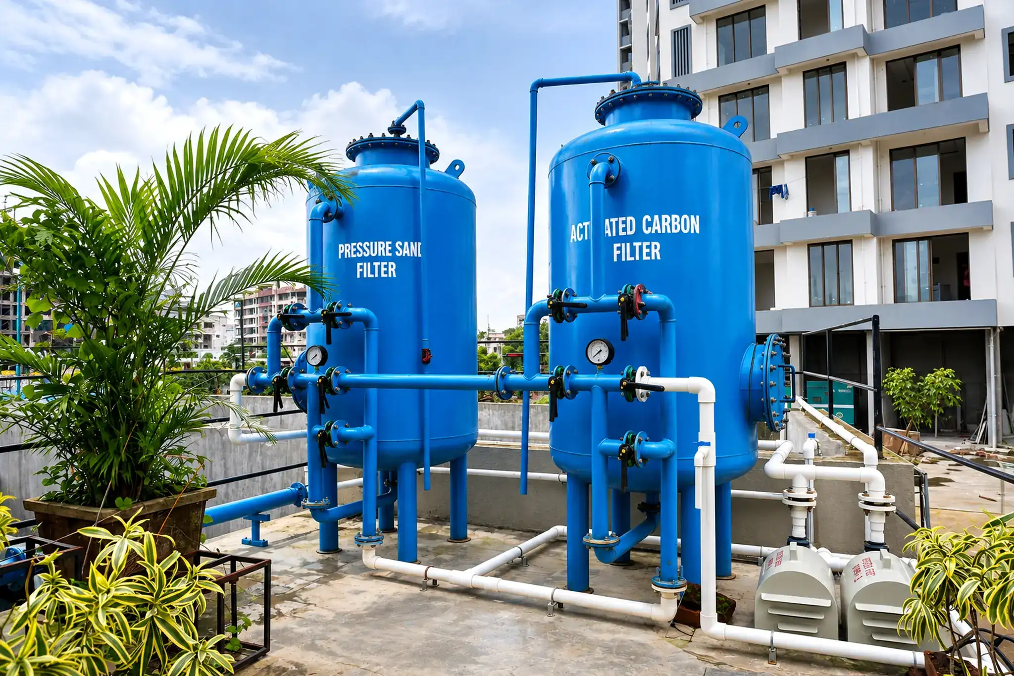 Blue pressure filtration vessels and pipework in a water treatment installation
